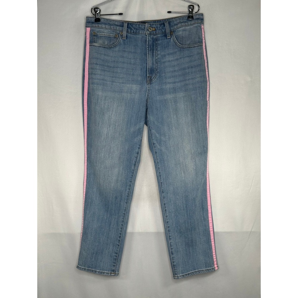 Talbots Modern Ankle Jeans Womens 12 Blue Denim Pink Gingham Side Stripe Regular